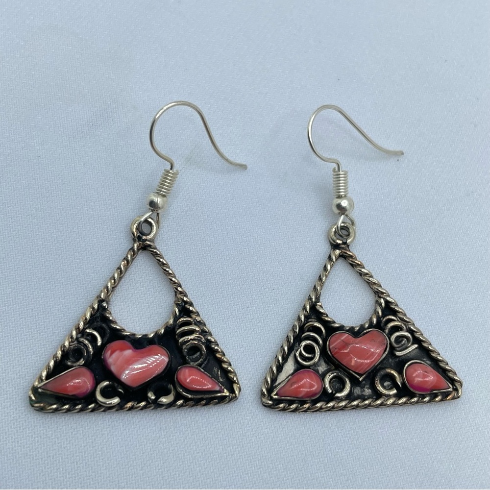 Vintage Mexico Silver Pink Stone Inlay Triangle Dangle Earrings Southwestern